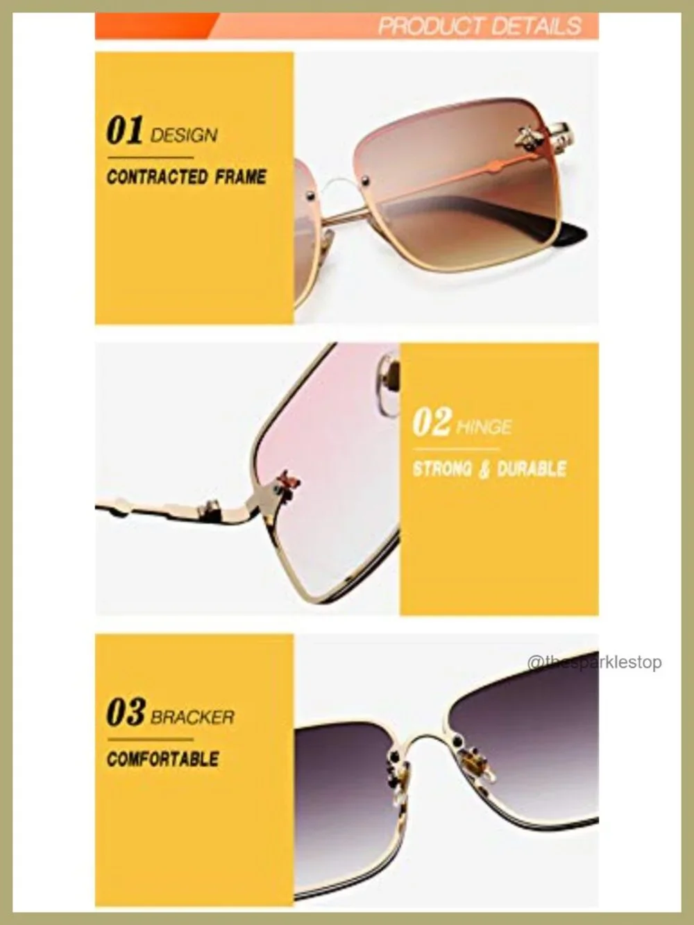 Oversized Square Metal Frame Sunglasses with Bee Decor